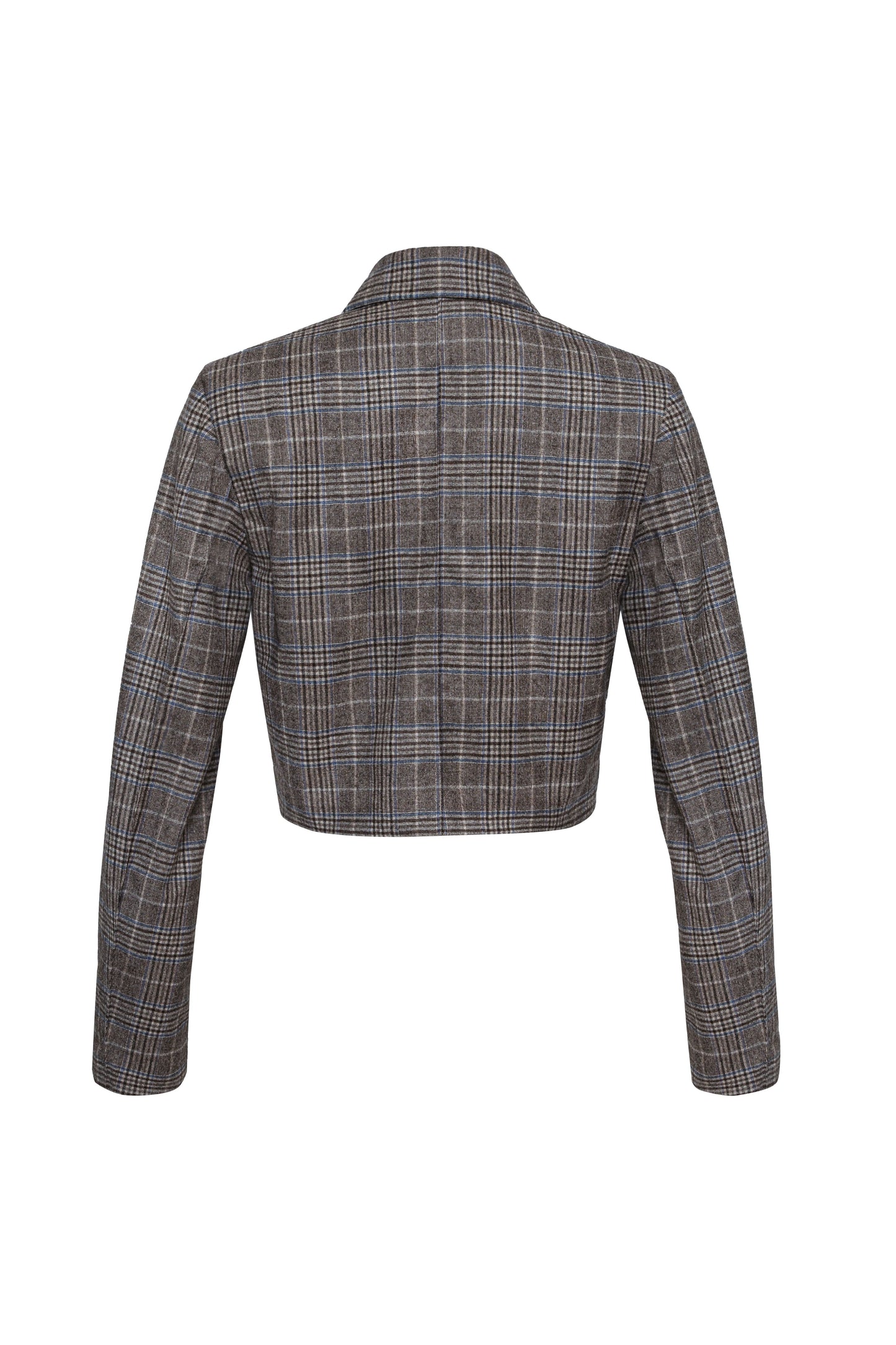Blau-braun karierte Kurzjacke aus Wolle mit Ziernähten