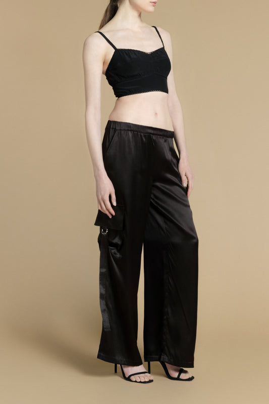 Silk cargo pants with pockets on the sides