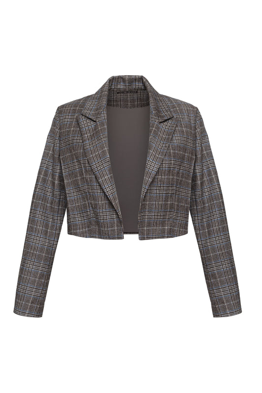 Blue-brown checked cropped jacket in wool with decorative stitching